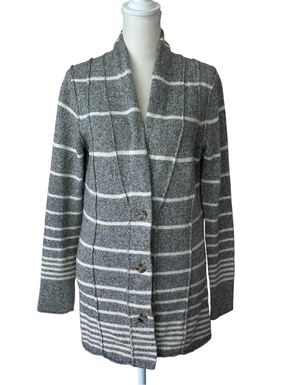 Banana Republic Women's Grey Striped Lambswool Cashmere Longline Cardigan Medium